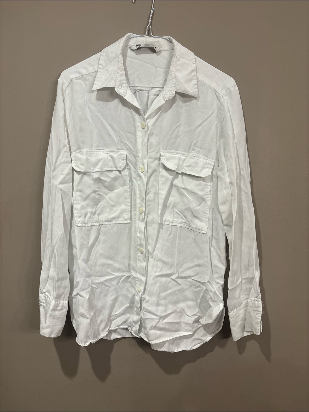 Zara White Women's Long-Sleeve Button-Down Shirt with Chest Pockets